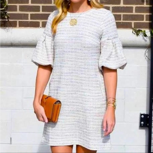 LOFT Colorful Boucle Tweed Puff Sleeve Shift Dress - Picture 1 of 9
